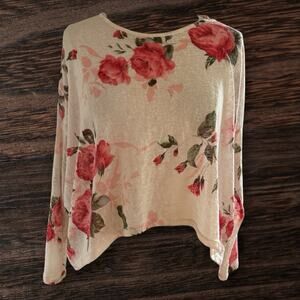 Tobi Cropped Floral Print Knit Top Sz S Oversized 31"Bust Pinks Hi Lo Festival